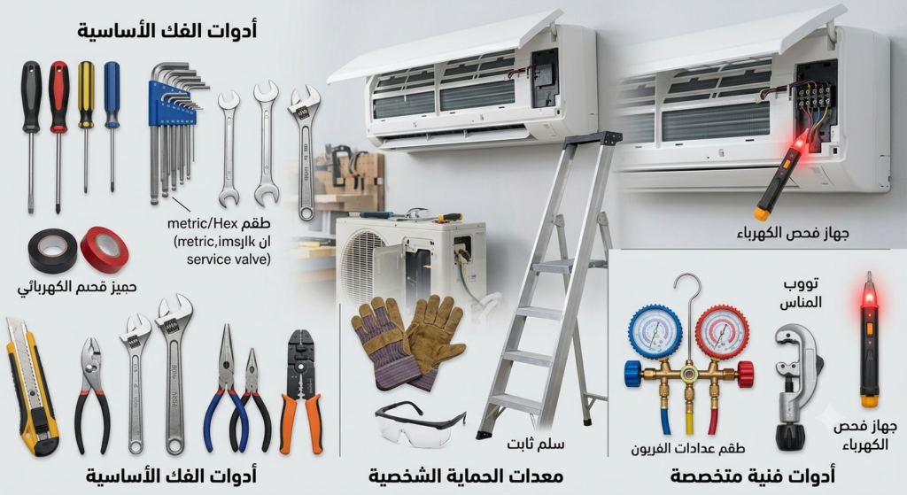 أدوات فك مكيف سبليت تشمل مفكات ومفتاح ربط وعدة فني تكييف