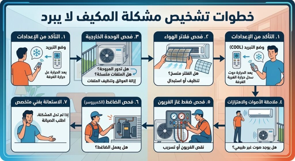 خطوات تشخيص مشكلة المكيف ما يبرد