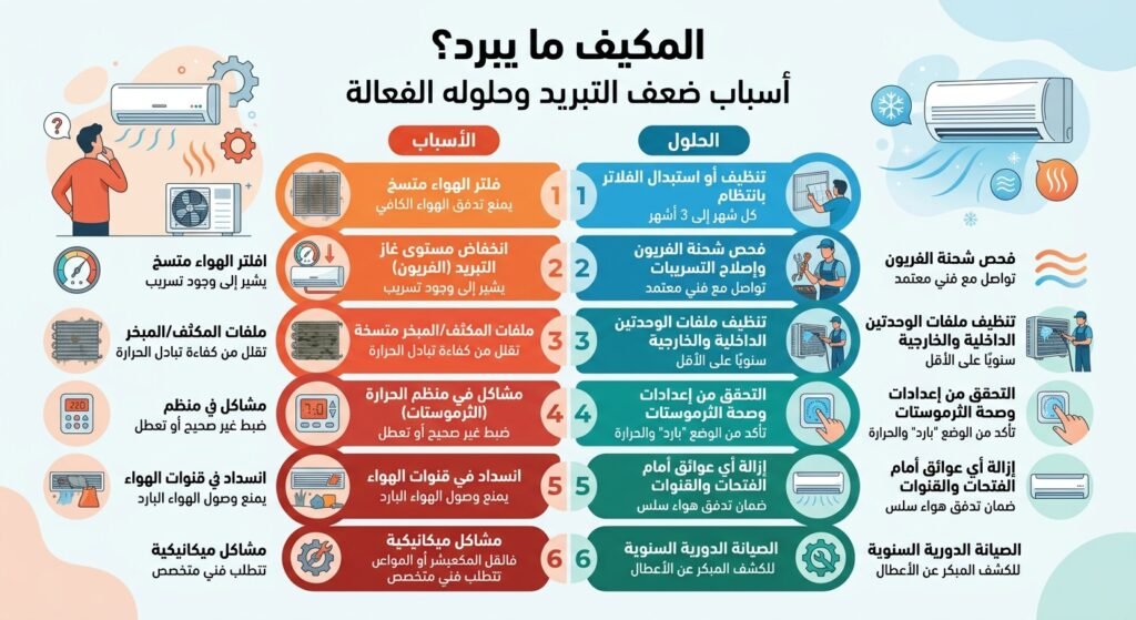 المكيف ما يبرد : اسباب ضعف تبريد المكيف وحلوله