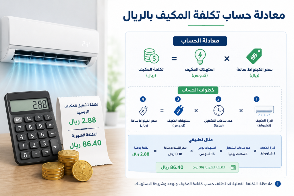 معادلة حساب تكلفة تشغيل المكيف بالريال مع توضيح استهلاك الكهرباء اليومي والشهري.