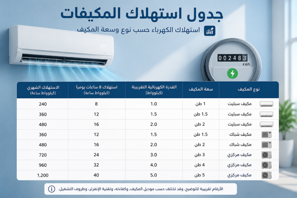 جدول استهلاك المكيفات للكهرباء حسب نوع المكيف وسعته بالكيلوواط.