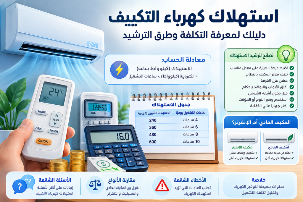 كم استهلاك كهرباء التكييف بالريال ؟ وطريقة التوفير في الكهرباء